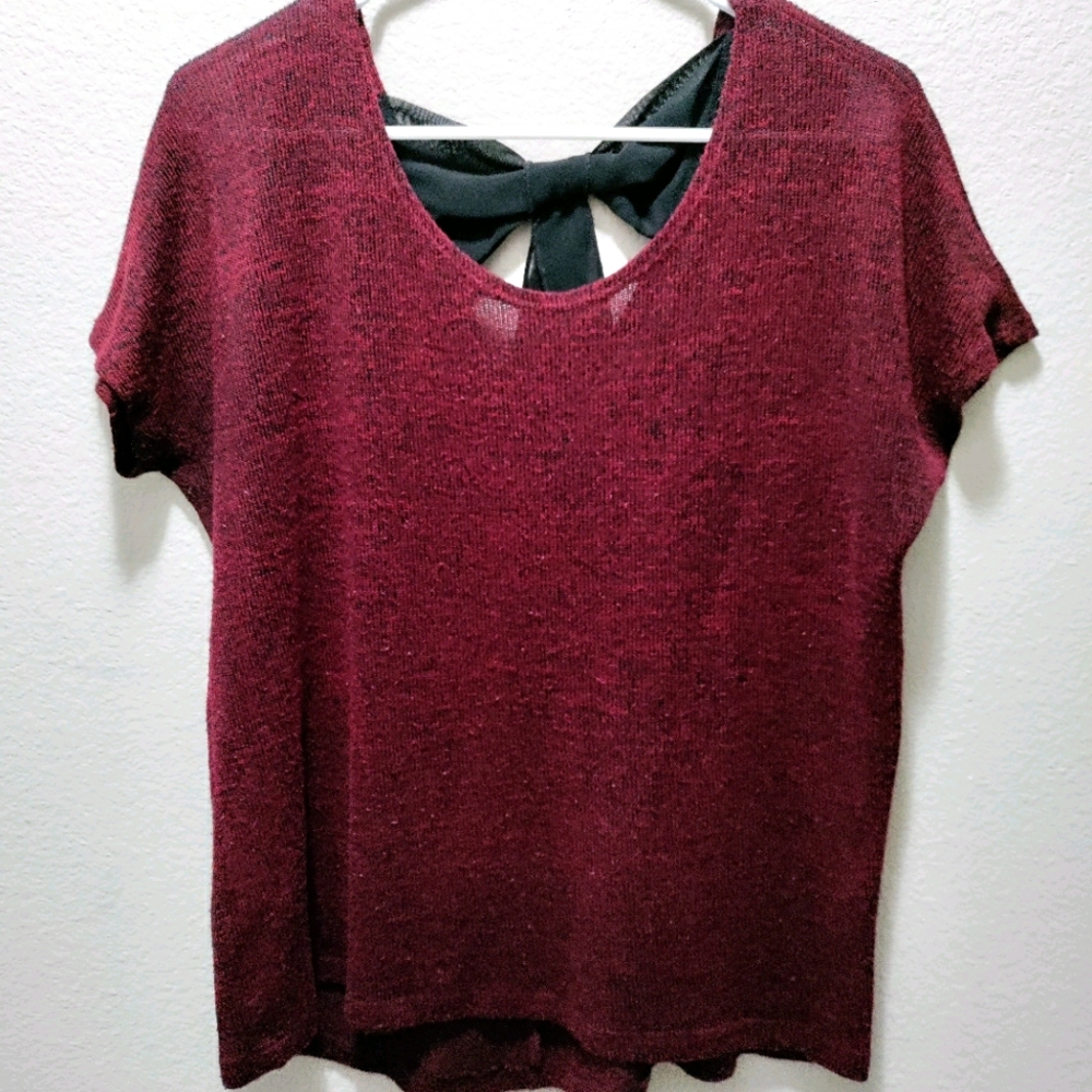 Maroon knit top with bow detail on back women's